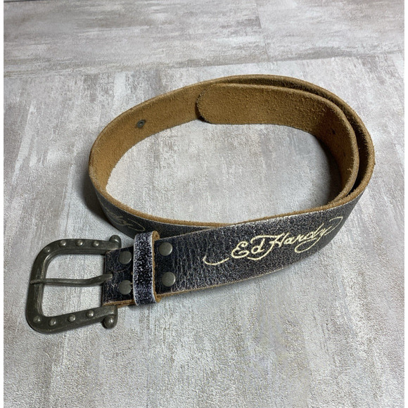 Ed Hardy Belt Womens 29 Grey Leather Floral Puma Silver Tone Hardware Y2K